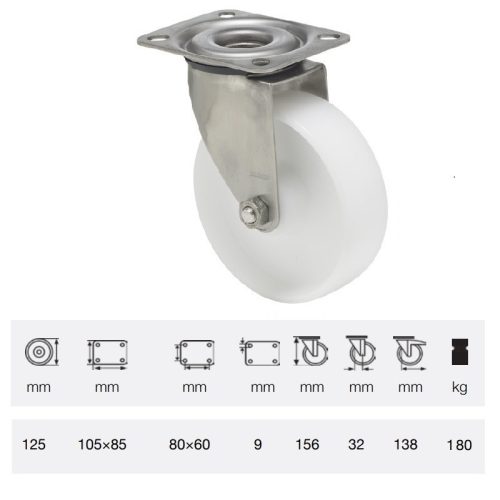 JXPP 1251 1000, Forgó kerék, (polipropilén) műanyag futófelület, rozsdamentes villába szerelve, 125 mm, 180 kg teherbírás, talpas felfogatás