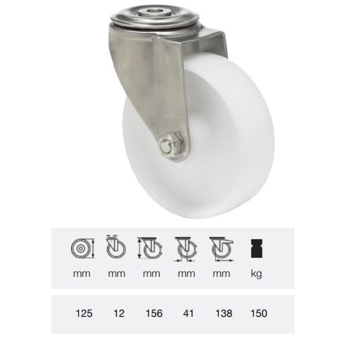 JXPP 1255 1000, Forgó kerék, (polipropilén) műanyag futófelület, rozsdamentes villába szerelve, 125 mm, 180 kg teherbírás, furatos felfogatás