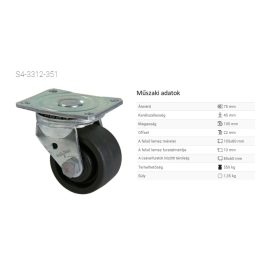   S4-3312-351 üvegszál erősítésű poliamid futófelület, 75 mm átmérő, 550 kg teherbírás, dupla golyós csapágyazás