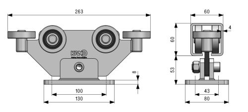 Úszókapu görgő 60x60 - 6 görgő (max 400 kg teherbírás) furattal