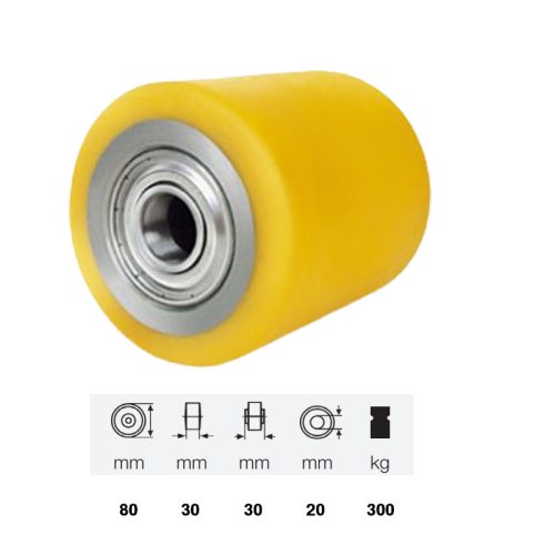Poliuretán raklapemelő görgő 80X30 mm. Golyóscsapágyas.