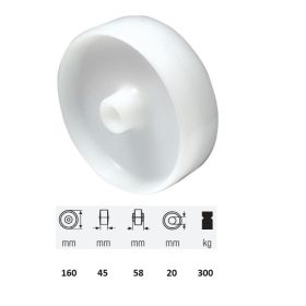   WPPN 1603 1000, (poliamid) műanyag futófelület, 160 mm  átmérő, 300 kg teherbírás, persely csapágyazás