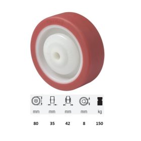   WPPU 0802 5080, Poluretán futófelület, 80 mm átmérő, 150 kg teherbírás, golyós csapágyazás