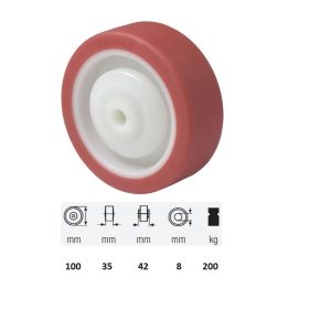   WPPU 1002 5080, Poluretán futófelület, 100 mm átmérő, 200 kg teherbírás, golyós csapágyazás