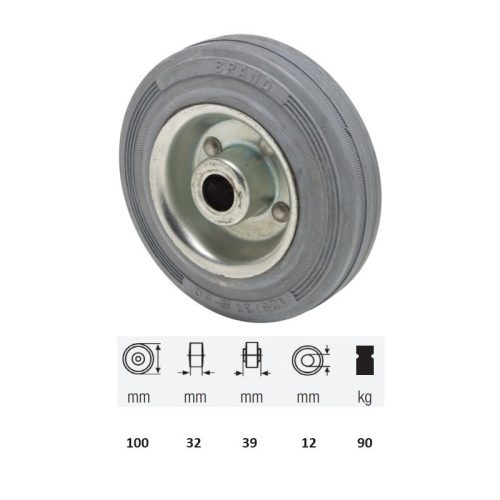 WPSG 1002 2000, szürke (nyommentes) gumi futófelület, 100 mm átmérő, 90 kg teherbírás, tűgörgős csapágyazás