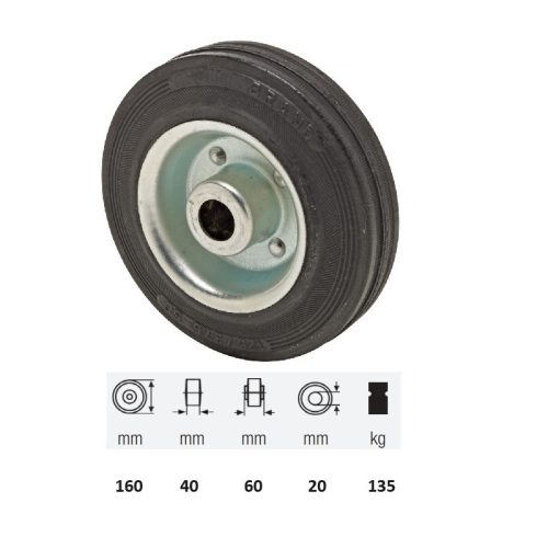 WPSM 1603 2000, fekete gumi futófelület, 160 mm átmérő, 135 kg teherbírás, tűgörgős csapágyazás 
