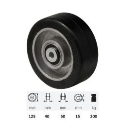   WTAB 1252 6150, fekete tömörgumi futófelület, 125 mm átmérő, 200 kg teherbírás, dupla golyós csapágyazás