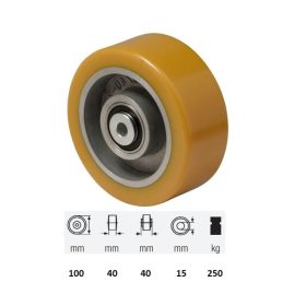   WTAU 1002 6150, Poluretán futófelület, 100 mm átmérő, 250 kg teherbírás, dupla golyós csapágyazás