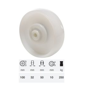   WTPN 1002 5000, (poliamid) műanyag futófelület, 100 mm átmérő, 250 kg teherbírás, golyós csapágyazás
