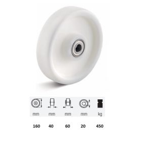   WTPN 1603 6000, (poliamid) műanyag futófelület, 160 mm átmérő, 450 kg teherbírás, golyós csapágyazás