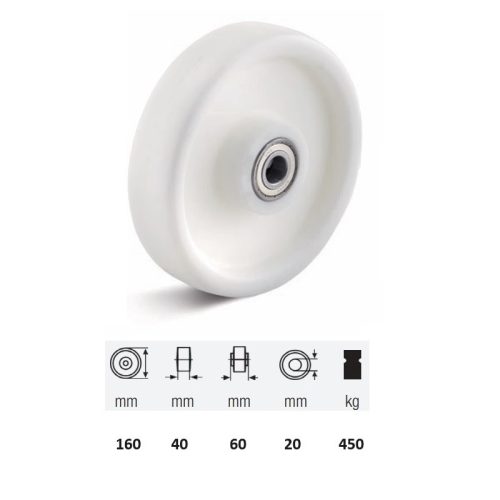 WTPN 1603 6000, (poliamid) műanyag futófelület, 160 mm átmérő, 450 kg teherbírás, golyós csapágyazás