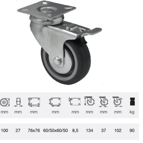 BDPE 1001 1001, Forgó-fékes kerék, 100 mm, 90 kg teherbírás, talpas felfogatás