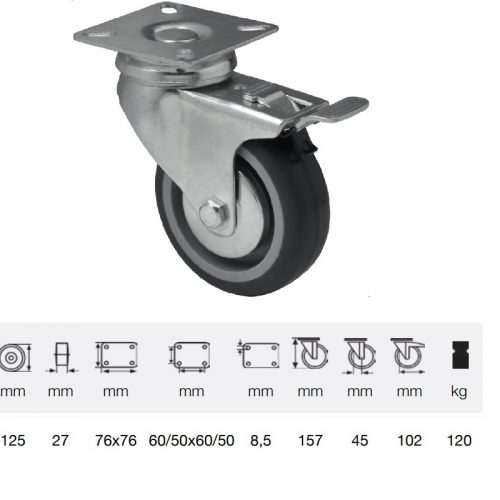 BDPE 1251 1001, Forgó-fékes kerék, 125 mm, 120 kg teherbírás, talpas felfogatás