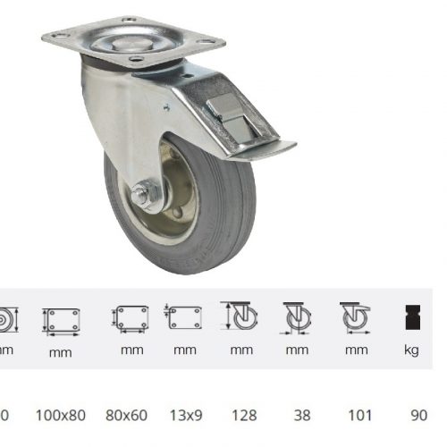 BPSG 1001 2100 L, Forgó-Fékes kerék, szürke (nyommentes) gumi futófelület, 100 mm, 90 kg teherbírás, talpas felfogatás