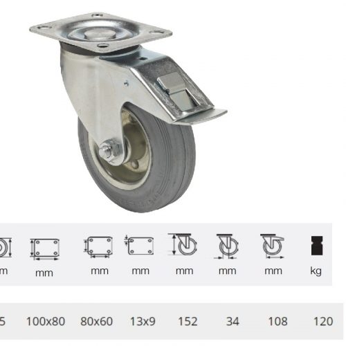 BPSG 1251 2100 L, Forgó-Fékes kerék, szürke (nyommentes) gumi futófelület, 125 mm, 120 kg teherbírás, talpas felfogatás