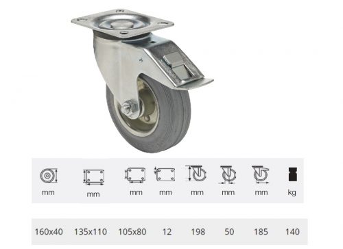 BPSG 1603 2100 W, Forgó-Fékes kerék, szürke (nyommentes) gumi futófelület, 160 mm, 160 kg teherbírás, talpas felfogatás