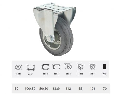 FPSG 0801 2000 L, Fix kerék, szürke (nyommentes) gumi futófelület, 80 mm, 70 kg teherbírás, talpas felfogatás