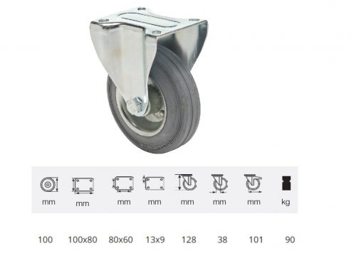 FPSG 1001 2000 L, Fix kerék, szürke (nyommentes) gumi futófelület, 100 mm, 90 kg teherbírás, talpas felfogatás