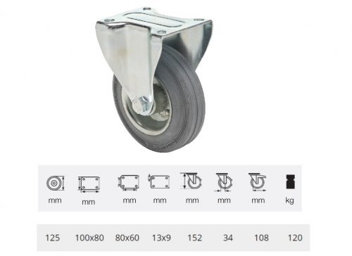 FPSG 1251 2000 L, Fix kerék, szürke (nyommentes) gumi futófelület, 125 mm, 120 kg teherbírás, talpas felfogatás