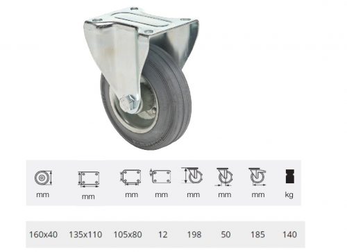 FPSG 1603 2000 W, Fix kerék, szürke (nyommentes) gumi futófelület, 160 mm, 160 kg teherbírás, talpas felfogatás