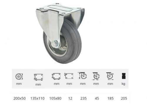 FPSG 2003 2000 W, Fix kerék, szürke (nyommentes) gumi futófelület, 200 mm, 205 kg teherbírás, talpas felfogatás
