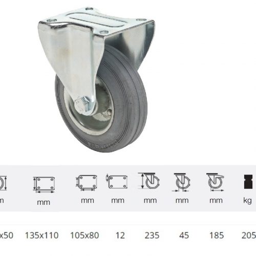 FPSG 2003 2000 W, Fix kerék, szürke (nyommentes) gumi futófelület, 200 mm, 205 kg teherbírás, talpas felfogatás