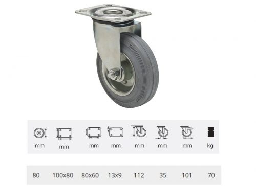JPSG 0801 2100 L, Forgó kerék, szürke (nyommentes) gumi futófelület, 80 mm, 70 kg teherbírás, talpas felfogatás