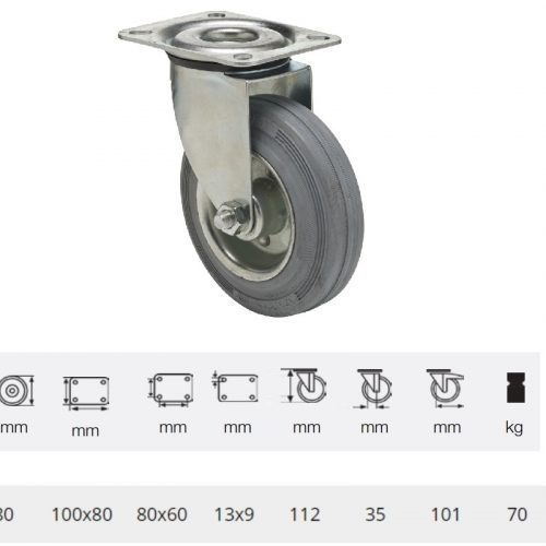 JPSG 0801 2100 L, Forgó kerék, szürke (nyommentes) gumi futófelület, 80 mm, 70 kg teherbírás, talpas felfogatás