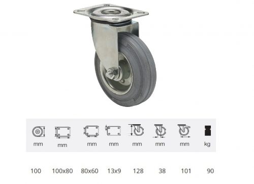 JPSG 1001 2100 L, Forgó kerék, szürke (nyommentes) gumi futófelület, 100 mm, 90 kg teherbírás, talpas felfogatás