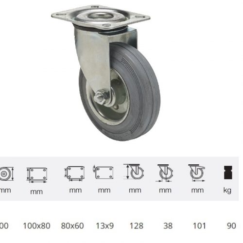 JPSG 1001 2100 L, Forgó kerék, szürke (nyommentes) gumi futófelület, 100 mm, 90 kg teherbírás, talpas felfogatás