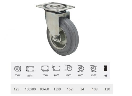 JPSG 1251 2100 L, Forgó kerék, szürke (nyommentes) gumi futófelület, 125 mm, 120 kg teherbírás, talpas felfogatás